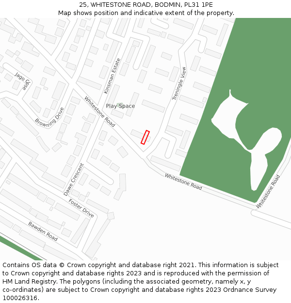 25, WHITESTONE ROAD, BODMIN, PL31 1PE: Location map and indicative extent of plot