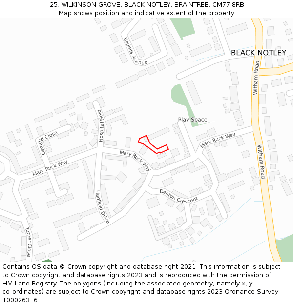 25, WILKINSON GROVE, BLACK NOTLEY, BRAINTREE, CM77 8RB: Location map and indicative extent of plot