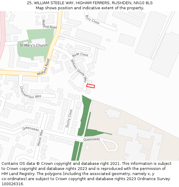 25, WILLIAM STEELE WAY, HIGHAM FERRERS, RUSHDEN, NN10 8LS: Location map and indicative extent of plot