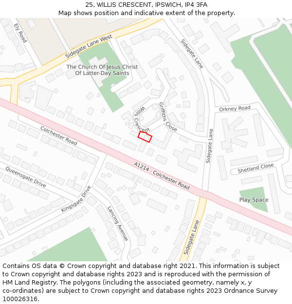 25, WILLIS CRESCENT, IPSWICH, IP4 3FA: Location map and indicative extent of plot