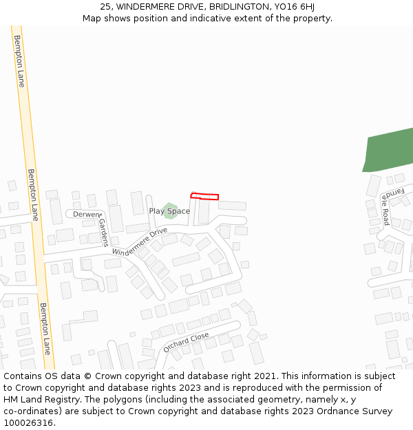 25, WINDERMERE DRIVE, BRIDLINGTON, YO16 6HJ: Location map and indicative extent of plot
