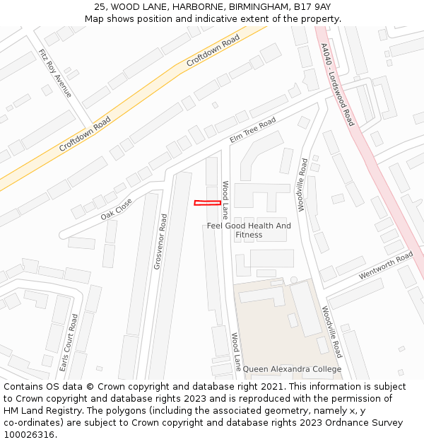 25, WOOD LANE, HARBORNE, BIRMINGHAM, B17 9AY: Location map and indicative extent of plot