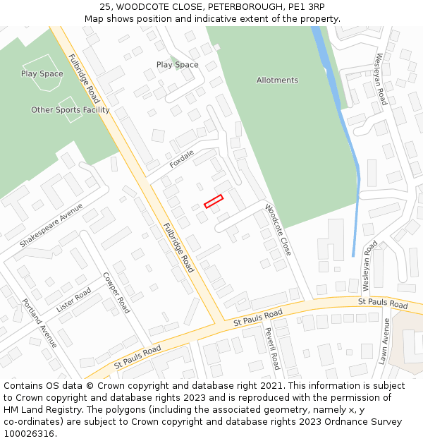25, WOODCOTE CLOSE, PETERBOROUGH, PE1 3RP: Location map and indicative extent of plot