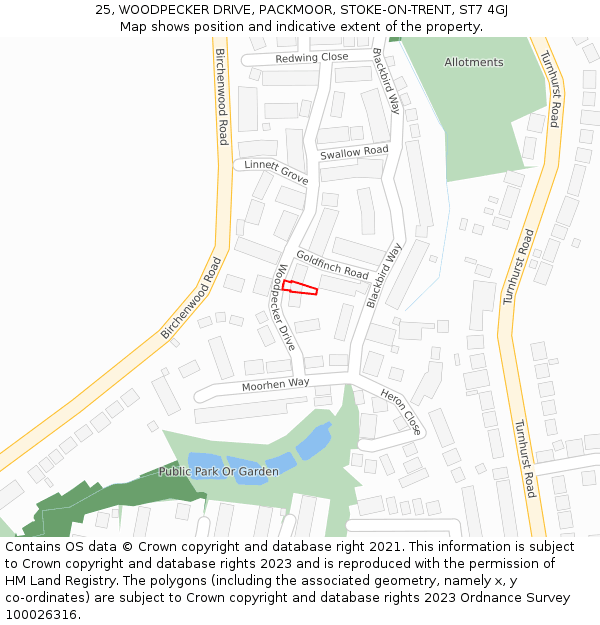 25, WOODPECKER DRIVE, PACKMOOR, STOKE-ON-TRENT, ST7 4GJ: Location map and indicative extent of plot