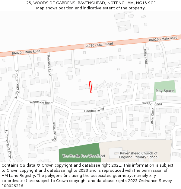 25, WOODSIDE GARDENS, RAVENSHEAD, NOTTINGHAM, NG15 9GF: Location map and indicative extent of plot