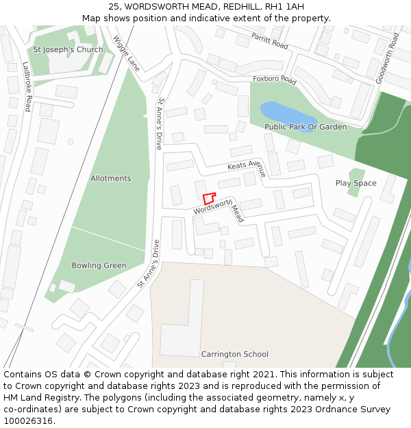 25, WORDSWORTH MEAD, REDHILL, RH1 1AH: Location map and indicative extent of plot