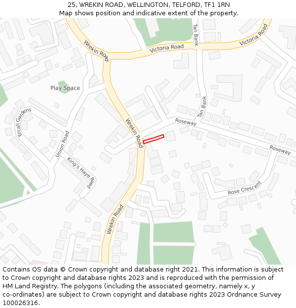 25, WREKIN ROAD, WELLINGTON, TELFORD, TF1 1RN: Location map and indicative extent of plot