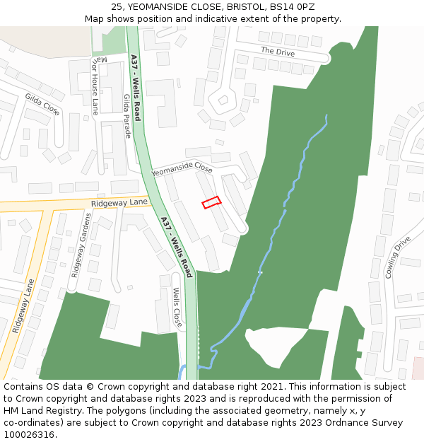 25, YEOMANSIDE CLOSE, BRISTOL, BS14 0PZ: Location map and indicative extent of plot