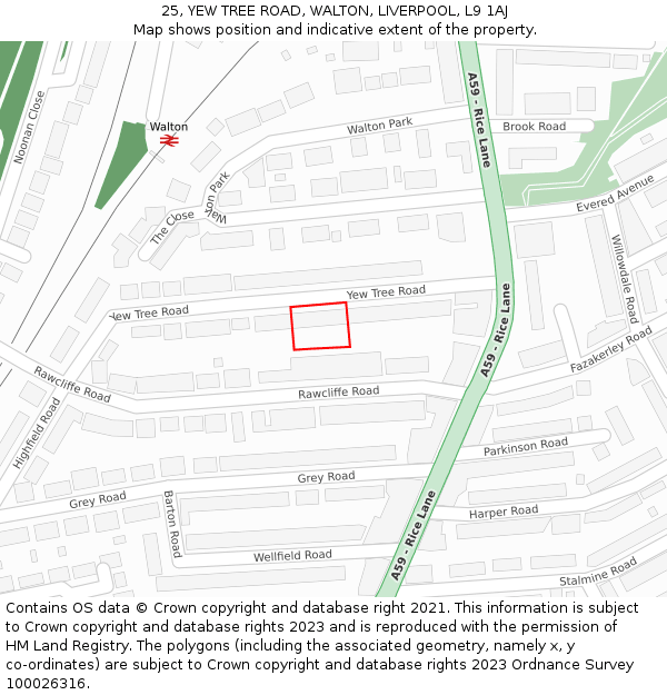 25, YEW TREE ROAD, WALTON, LIVERPOOL, L9 1AJ: Location map and indicative extent of plot