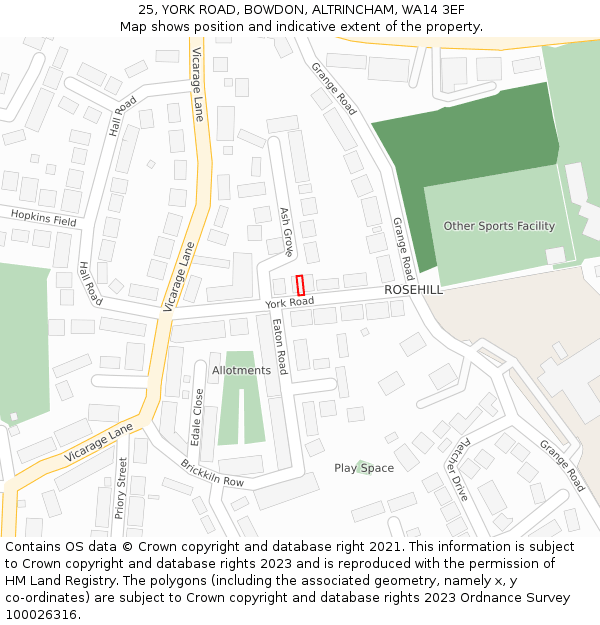 25, YORK ROAD, BOWDON, ALTRINCHAM, WA14 3EF: Location map and indicative extent of plot