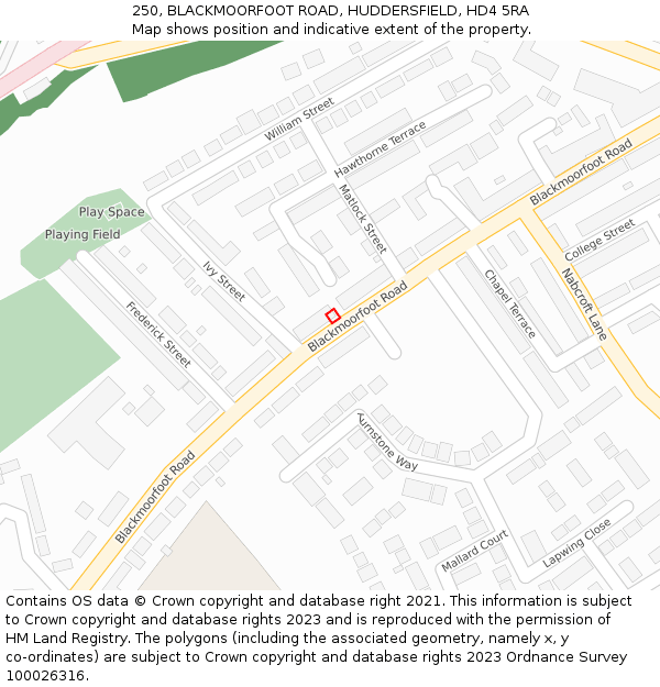 250, BLACKMOORFOOT ROAD, HUDDERSFIELD, HD4 5RA: Location map and indicative extent of plot