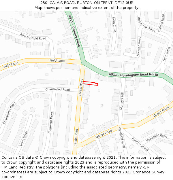250, CALAIS ROAD, BURTON-ON-TRENT, DE13 0UP: Location map and indicative extent of plot
