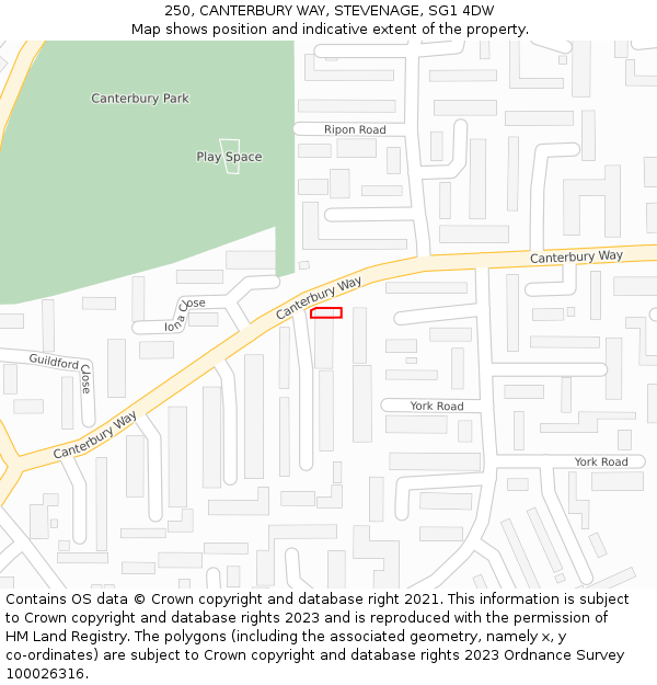 250, CANTERBURY WAY, STEVENAGE, SG1 4DW: Location map and indicative extent of plot