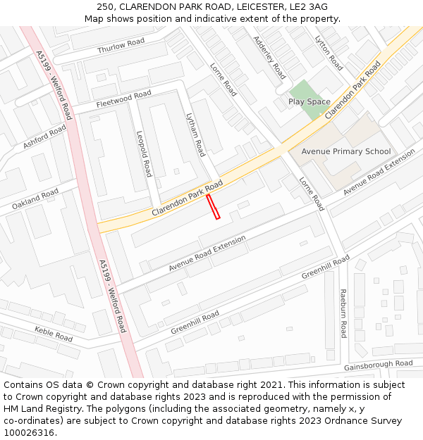 250, CLARENDON PARK ROAD, LEICESTER, LE2 3AG: Location map and indicative extent of plot