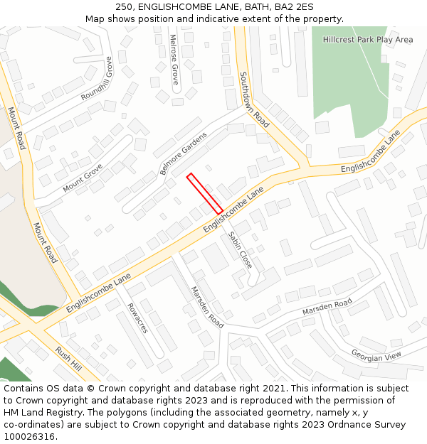 250, ENGLISHCOMBE LANE, BATH, BA2 2ES: Location map and indicative extent of plot