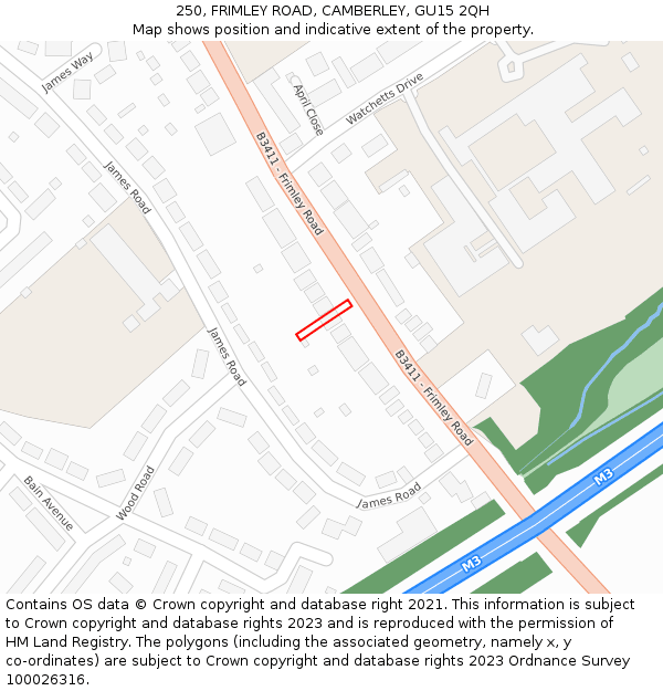 250, FRIMLEY ROAD, CAMBERLEY, GU15 2QH: Location map and indicative extent of plot