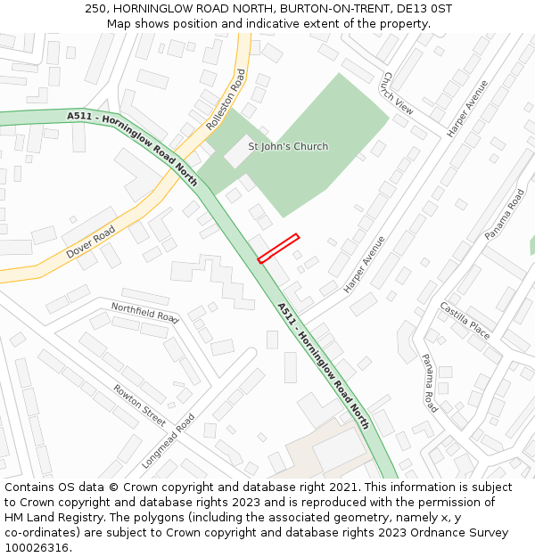 250, HORNINGLOW ROAD NORTH, BURTON-ON-TRENT, DE13 0ST: Location map and indicative extent of plot