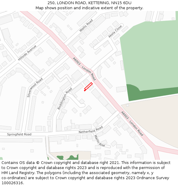 250, LONDON ROAD, KETTERING, NN15 6DU: Location map and indicative extent of plot