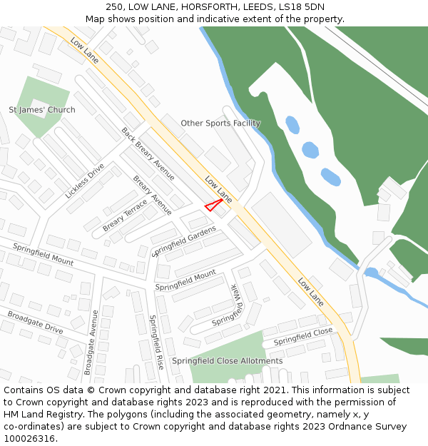 250, LOW LANE, HORSFORTH, LEEDS, LS18 5DN: Location map and indicative extent of plot