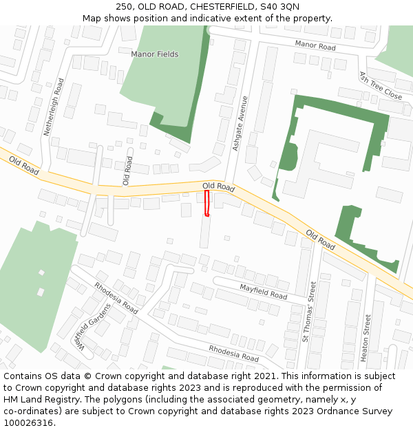 250, OLD ROAD, CHESTERFIELD, S40 3QN: Location map and indicative extent of plot