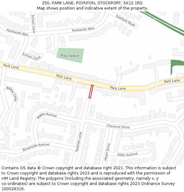 250, PARK LANE, POYNTON, STOCKPORT, SK12 1RQ: Location map and indicative extent of plot