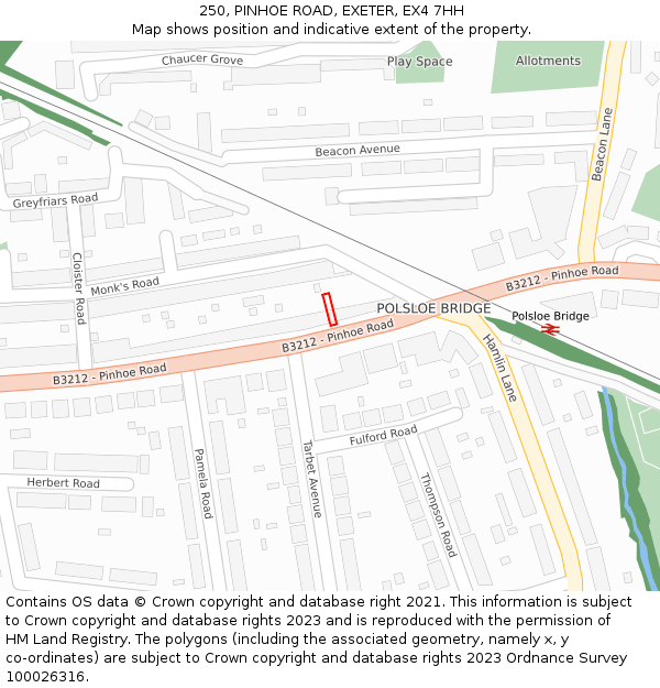 250, PINHOE ROAD, EXETER, EX4 7HH: Location map and indicative extent of plot