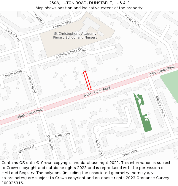 250A, LUTON ROAD, DUNSTABLE, LU5 4LF: Location map and indicative extent of plot