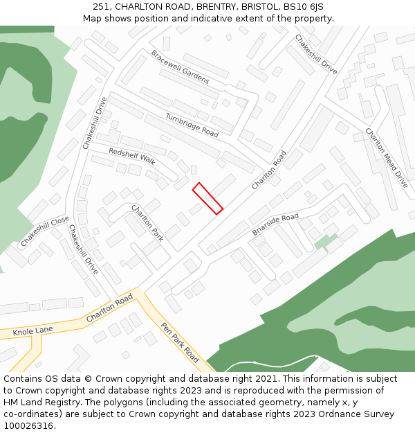 251, CHARLTON ROAD, BRENTRY, BRISTOL, BS10 6JS: Location map and indicative extent of plot
