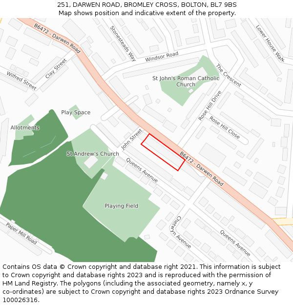 251, DARWEN ROAD, BROMLEY CROSS, BOLTON, BL7 9BS: Location map and indicative extent of plot