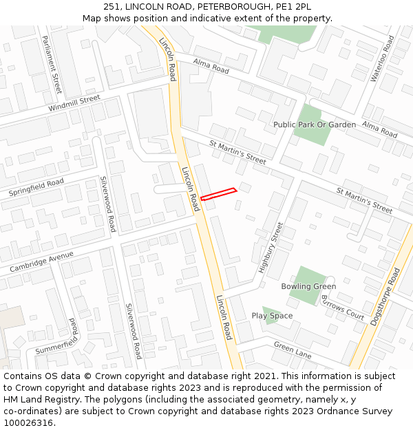 251, LINCOLN ROAD, PETERBOROUGH, PE1 2PL: Location map and indicative extent of plot