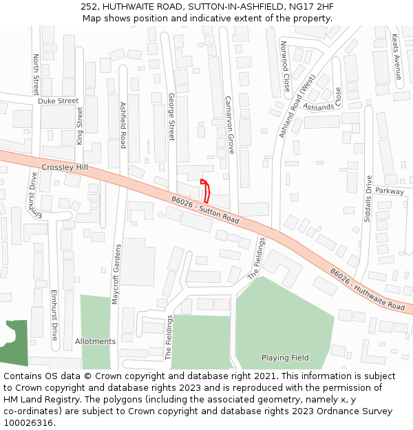252, HUTHWAITE ROAD, SUTTON-IN-ASHFIELD, NG17 2HF: Location map and indicative extent of plot