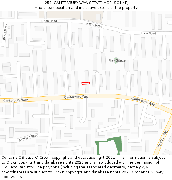 253, CANTERBURY WAY, STEVENAGE, SG1 4EJ: Location map and indicative extent of plot
