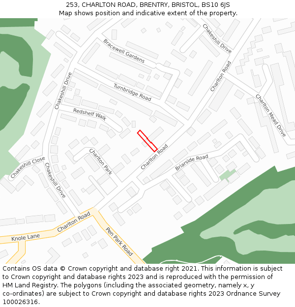 253, CHARLTON ROAD, BRENTRY, BRISTOL, BS10 6JS: Location map and indicative extent of plot