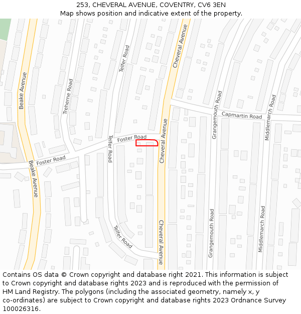 253, CHEVERAL AVENUE, COVENTRY, CV6 3EN: Location map and indicative extent of plot