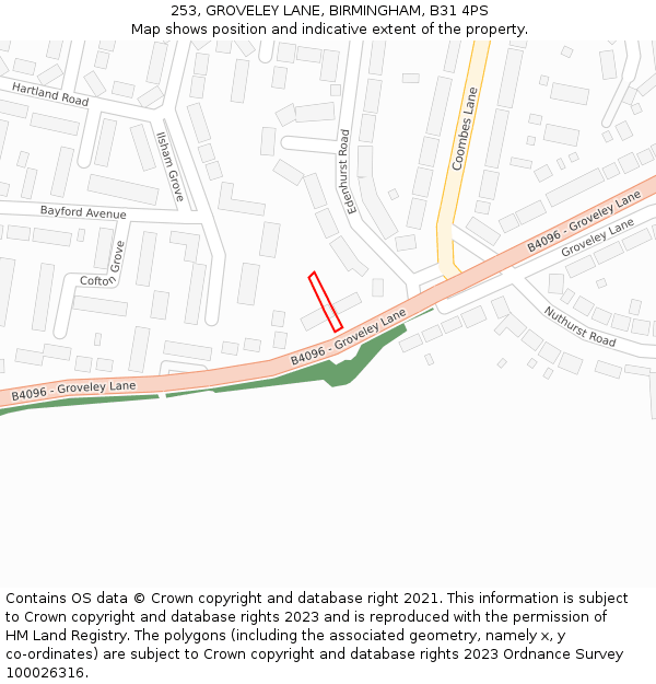 253, GROVELEY LANE, BIRMINGHAM, B31 4PS: Location map and indicative extent of plot