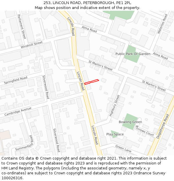 253, LINCOLN ROAD, PETERBOROUGH, PE1 2PL: Location map and indicative extent of plot