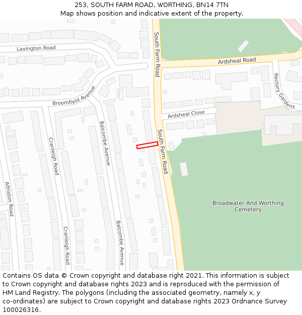 253, SOUTH FARM ROAD, WORTHING, BN14 7TN: Location map and indicative extent of plot