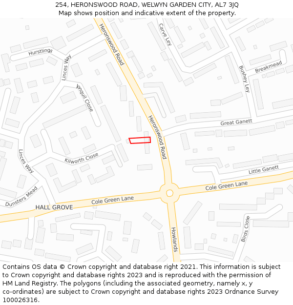 254, HERONSWOOD ROAD, WELWYN GARDEN CITY, AL7 3JQ: Location map and indicative extent of plot