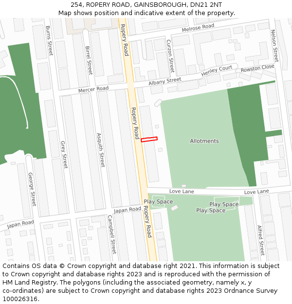 254, ROPERY ROAD, GAINSBOROUGH, DN21 2NT: Location map and indicative extent of plot