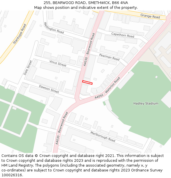 255, BEARWOOD ROAD, SMETHWICK, B66 4NA: Location map and indicative extent of plot