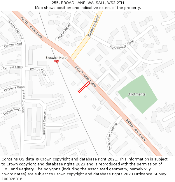 255, BROAD LANE, WALSALL, WS3 2TH: Location map and indicative extent of plot