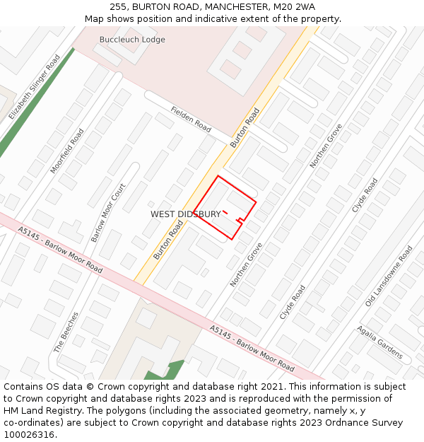 255, BURTON ROAD, MANCHESTER, M20 2WA: Location map and indicative extent of plot