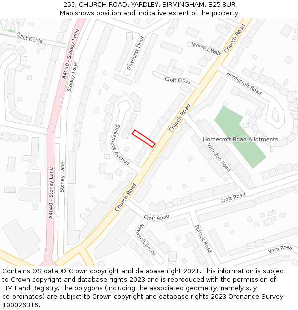 255, CHURCH ROAD, YARDLEY, BIRMINGHAM, B25 8UR: Location map and indicative extent of plot