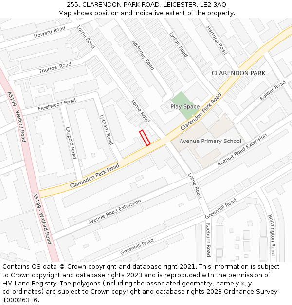 255, CLARENDON PARK ROAD, LEICESTER, LE2 3AQ: Location map and indicative extent of plot