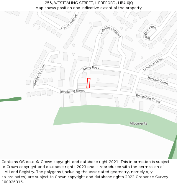 255, WESTFALING STREET, HEREFORD, HR4 0JQ: Location map and indicative extent of plot