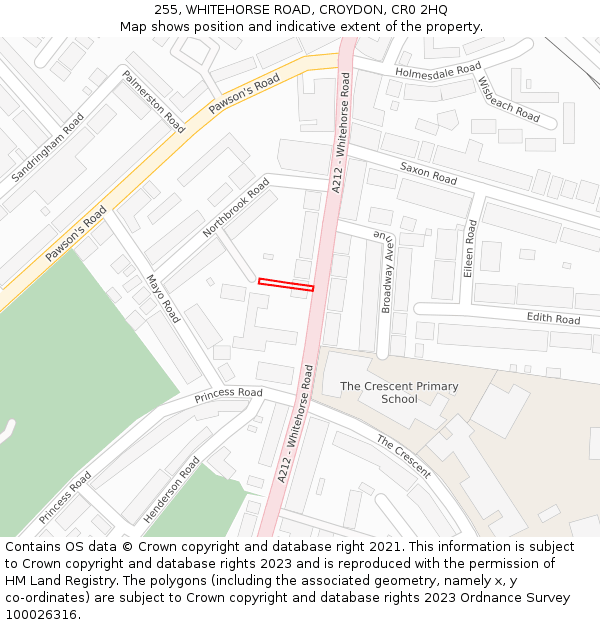 255, WHITEHORSE ROAD, CROYDON, CR0 2HQ: Location map and indicative extent of plot
