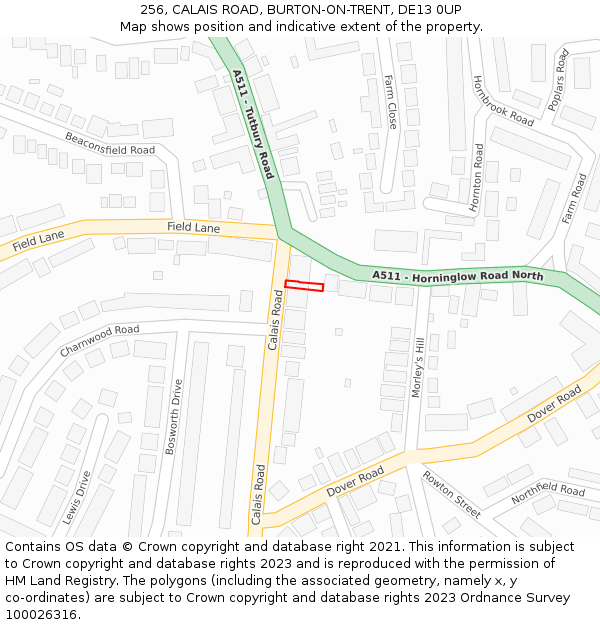 256, CALAIS ROAD, BURTON-ON-TRENT, DE13 0UP: Location map and indicative extent of plot