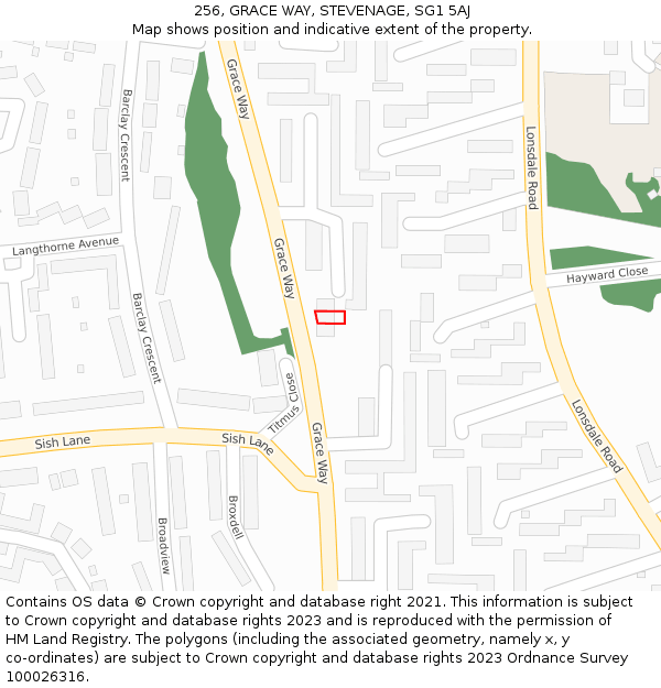 256, GRACE WAY, STEVENAGE, SG1 5AJ: Location map and indicative extent of plot