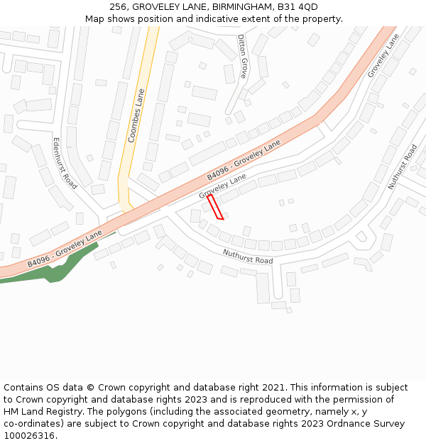 256, GROVELEY LANE, BIRMINGHAM, B31 4QD: Location map and indicative extent of plot