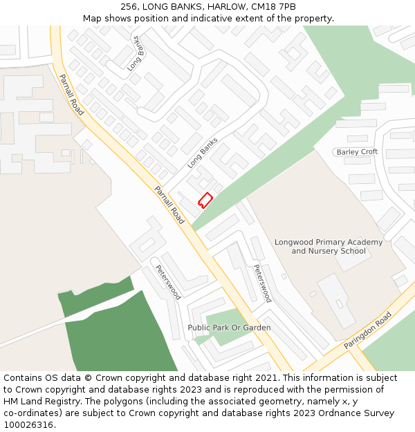 256, LONG BANKS, HARLOW, CM18 7PB: Location map and indicative extent of plot